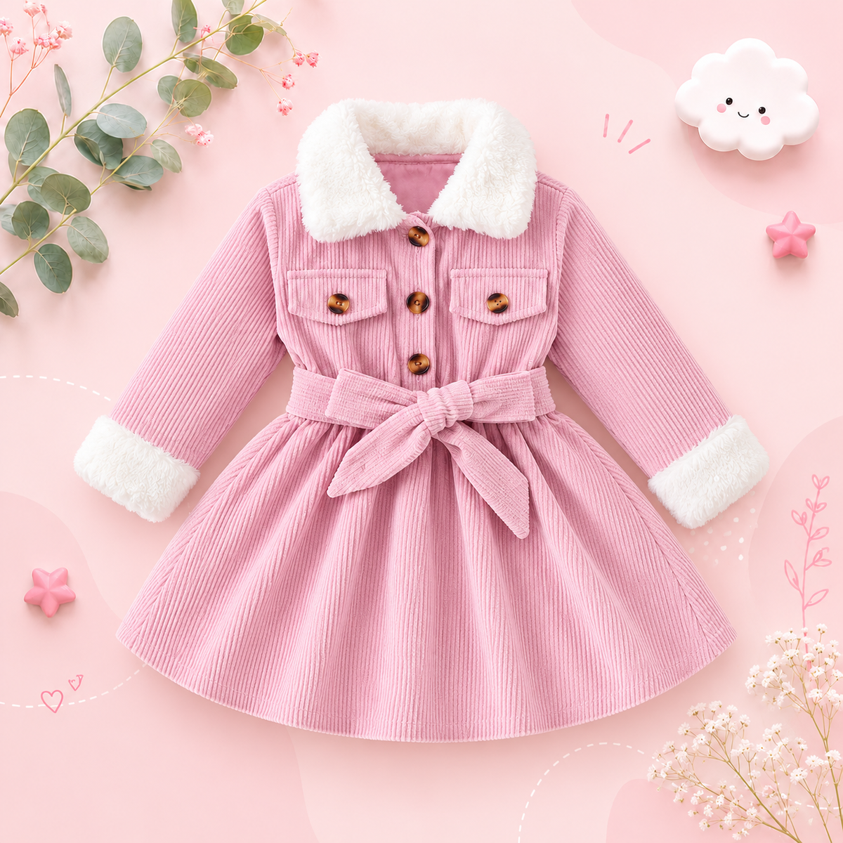 The Keilani - Baby Girls' Winter Dress Set – Pink Corduroy Dress with Fur Collar, Fur Sleeves, Belt & Hat, 3-Piece Toddler Outfit