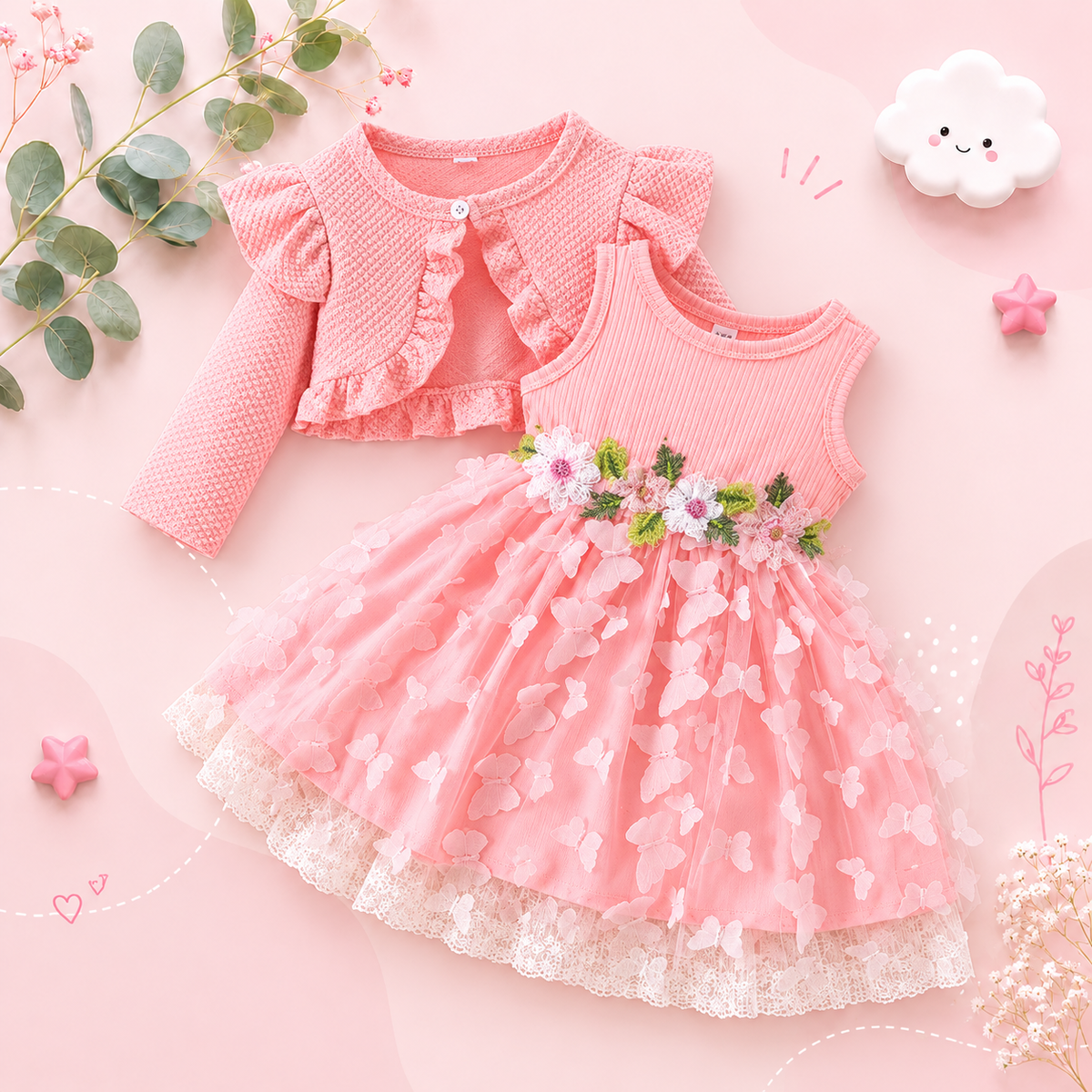 The Kathryn - Baby Girls' Dress & Coat Set – Long Sleeve Ruffle Waffle Coat with Princess Butterfly Flower Dress, Newborn & Toddler Outfit