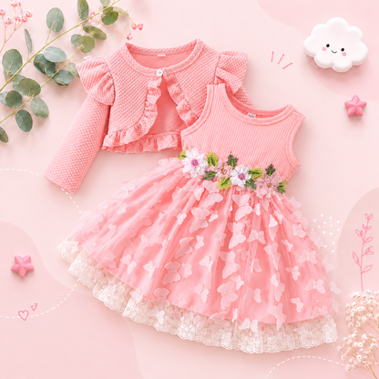 The Kathryn - Baby Girls' Dress & Coat Set – Long Sleeve Ruffle Waffle Coat with Princess Butterfly Flower Dress, Newborn & Toddler Outfit
