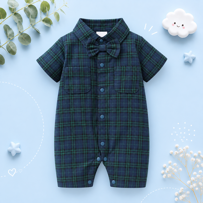 The Franco - Baby Boy Summer Plaid Gentleman Romper with Bow Tie, Short Sleeve
