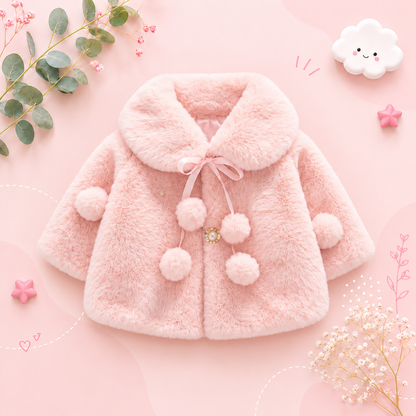 The Emerald - Baby Girl Winter Faux Fur Coat, Pearl Decorated Wide Lapel Jacket