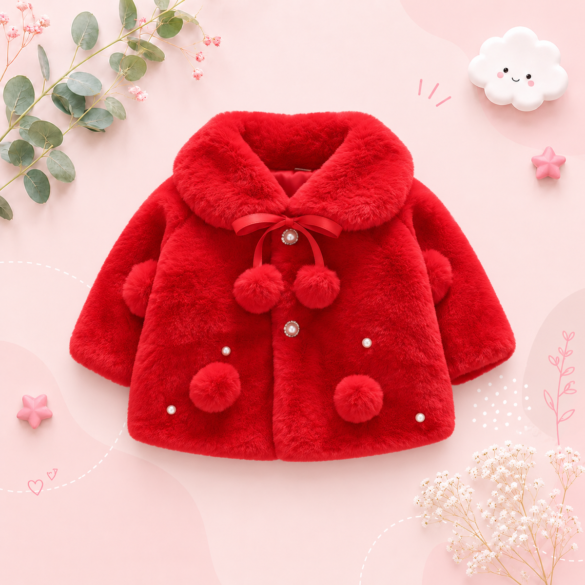The Emerald - Baby Girl Winter Faux Fur Coat, Pearl Decorated Wide Lapel Jacket