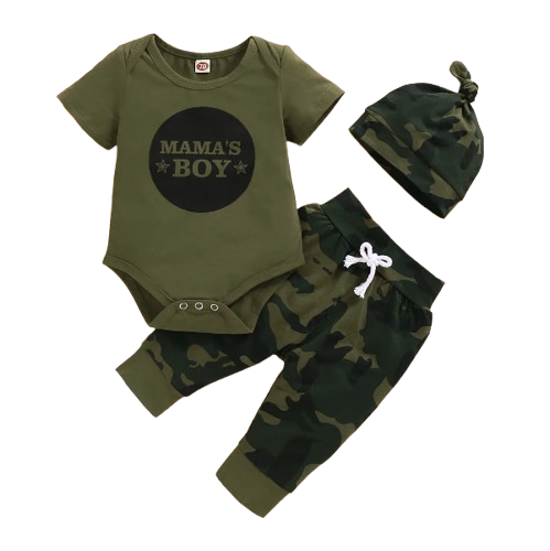 The Arbor - Mama's Boy Letter Print Bodysuit + Camouflage Pants