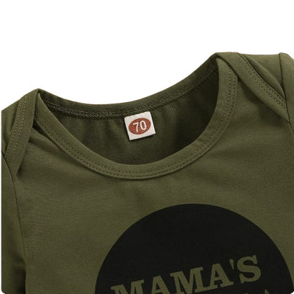 The Arbor - Mama's Boy Letter Print Bodysuit + Camouflage Pants