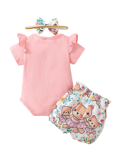 The Colby - Bear Cartoon Romper + Shorts + Headband