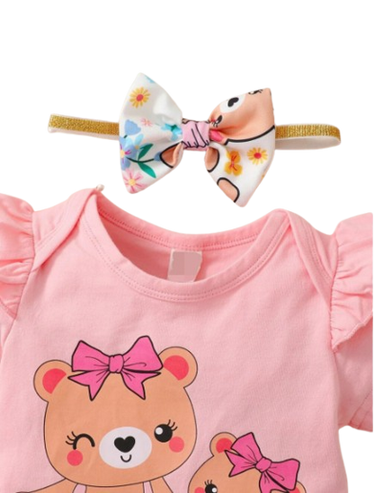 The Colby - Bear Cartoon Romper + Shorts + Headband