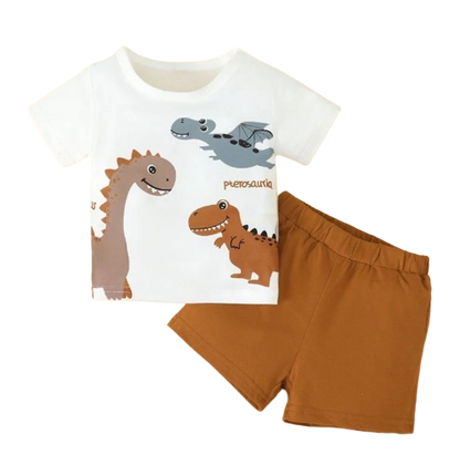 The Dallas - Dinosaur Print White Short Sleeve + Shorts