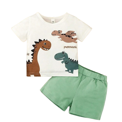 The Dallas - Dinosaur Print White Short Sleeve + Shorts