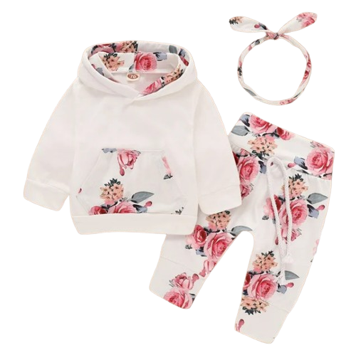 The Courtney - Toddler Baby Girl Floral Print Hooded Top Pant Set with Headband