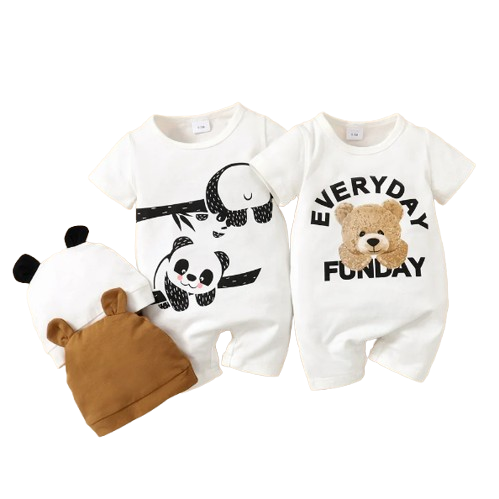 The Dale - Newborn Baby Boy Panda Print Romper Hat Set Short Sleeve Outfit