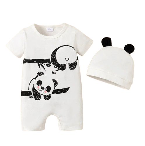 The Dale - Newborn Baby Boy Panda Print Romper Hat Set Short Sleeve Outfit