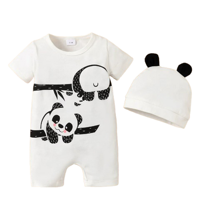 The Dale - Newborn Baby Boy Panda Print Romper Hat Set Short Sleeve Outfit
