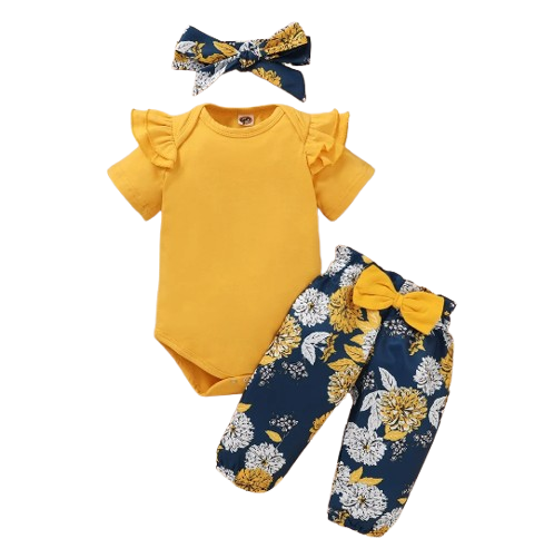 The Kendall - Yellow Romper Tops + Floral Pants + Headband