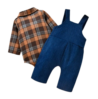 The Stevie - Plaid Print Romper + Cartoon Bear Overalls