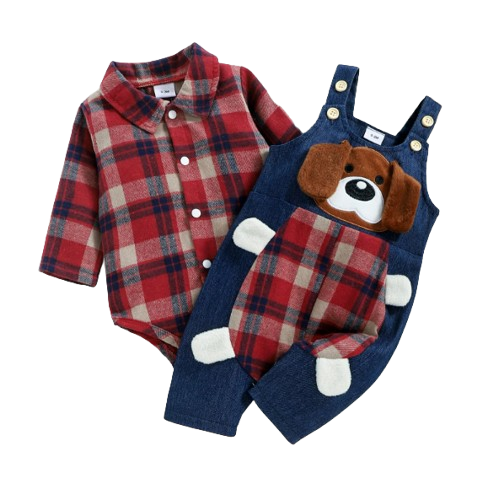 The Stevie - Baby Boy 2PCS Plaid Romper & Dog Suspender Pants Spring Autumn Outfit Set