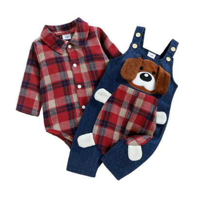 The Stevie - Baby Boy 2PCS Plaid Romper & Dog Suspender Pants Spring Autumn Outfit Set