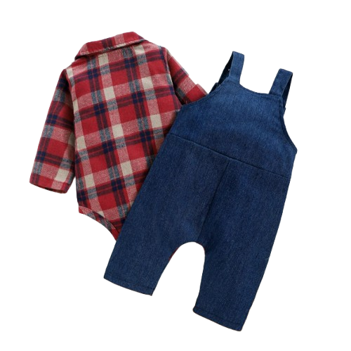 The Stevie - Baby Boy 2PCS Plaid Romper & Dog Suspender Pants Spring Autumn Outfit Set