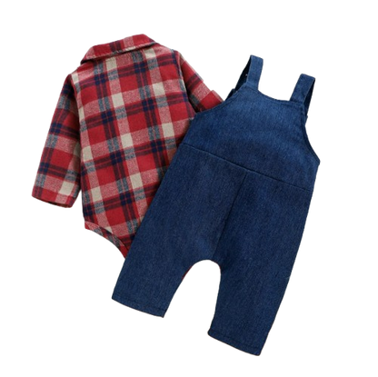 The Stevie - Baby Boy 2PCS Plaid Romper & Dog Suspender Pants Spring Autumn Outfit Set