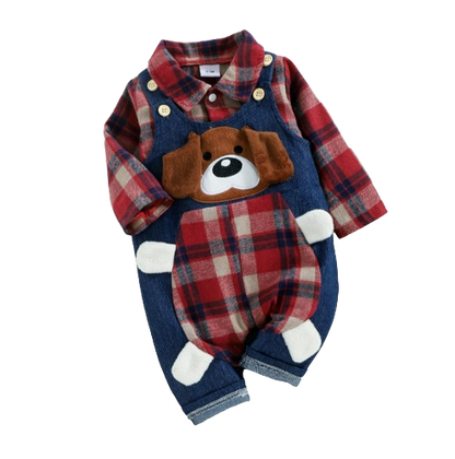 The Stevie - Baby Boy 2PCS Plaid Romper & Dog Suspender Pants Spring Autumn Outfit Set