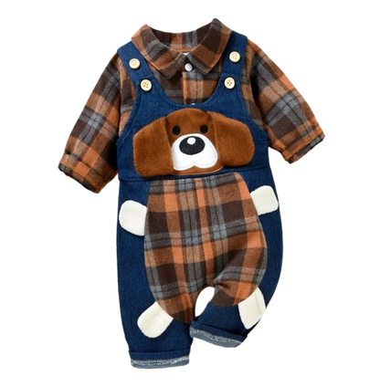 The Stevie - Plaid Print Romper + Cartoon Bear Overalls