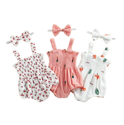 The Lila - Baby Girl Carrot Print Sleeveless Romper & Headband Summer Cotton Linen Outfit