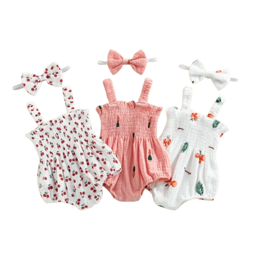 The Lila - Baby Girl Carrot Print Sleeveless Romper & Headband Summer Cotton Linen Outfit