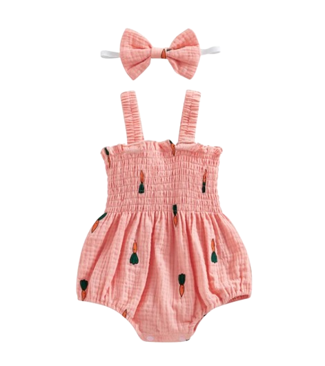 The Lila - Baby Girl Carrot Print Sleeveless Romper & Headband Summer Cotton Linen Outfit