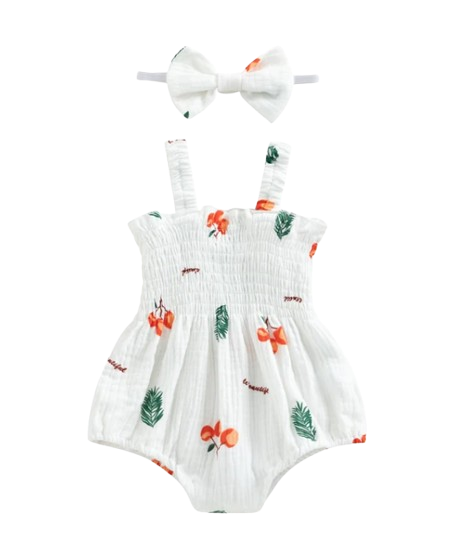 The Lila - Baby Girl Carrot Print Sleeveless Romper & Headband Summer Cotton Linen Outfit