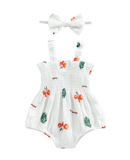 The Lila - Baby Girl Carrot Print Sleeveless Romper & Headband Summer Cotton Linen Outfit