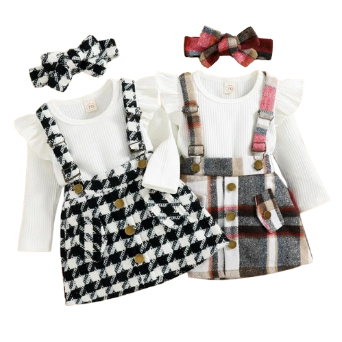 The Selena -Baby Girl 3PCS Ribbed Romper Plaid Suspender Skirt & Headband Spring Outfit