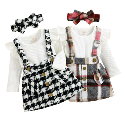 The Selena -Baby Girl 3PCS Ribbed Romper Plaid Suspender Skirt & Headband Spring Outfit