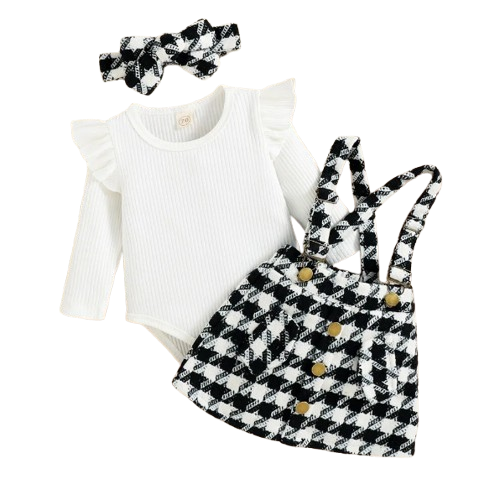 The Selena -Baby Girl 3PCS Ribbed Romper Plaid Suspender Skirt & Headband Spring Outfit