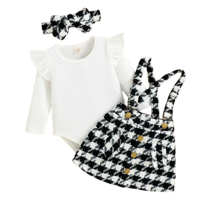 The Selena -Baby Girl 3PCS Ribbed Romper Plaid Suspender Skirt & Headband Spring Outfit