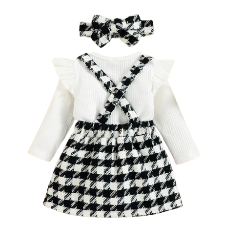 The Selena -Baby Girl 3PCS Ribbed Romper Plaid Suspender Skirt & Headband Spring Outfit