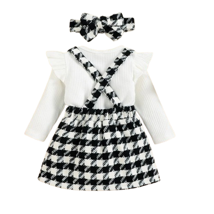 The Selena -Baby Girl 3PCS Ribbed Romper Plaid Suspender Skirt & Headband Spring Outfit