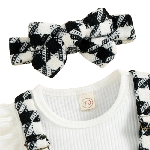 The Selena -Baby Girl 3PCS Ribbed Romper Plaid Suspender Skirt & Headband Spring Outfit