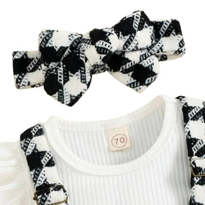 The Selena -Baby Girl 3PCS Ribbed Romper Plaid Suspender Skirt & Headband Spring Outfit