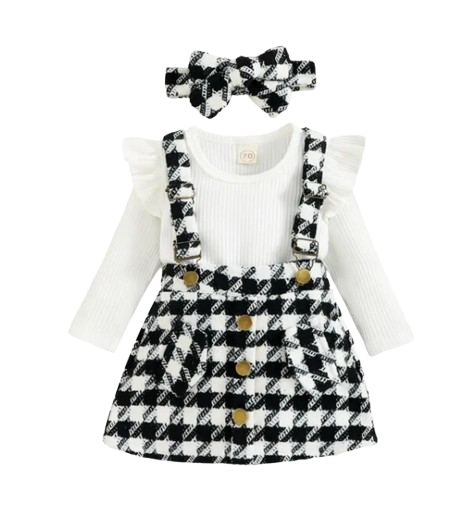 The Selena -Baby Girl 3PCS Ribbed Romper Plaid Suspender Skirt & Headband Spring Outfit