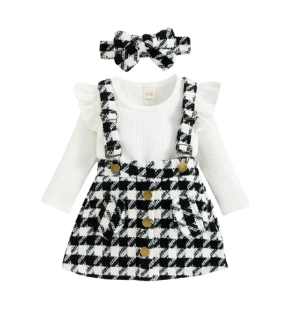 The Selena -Baby Girl 3PCS Ribbed Romper Plaid Suspender Skirt & Headband Spring Outfit