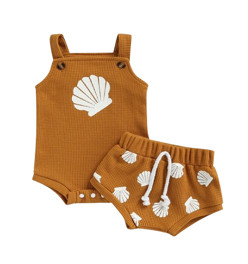 The Jordyn - Shell Print Strap Button Plaid Knitted Bodysuits + Shorts