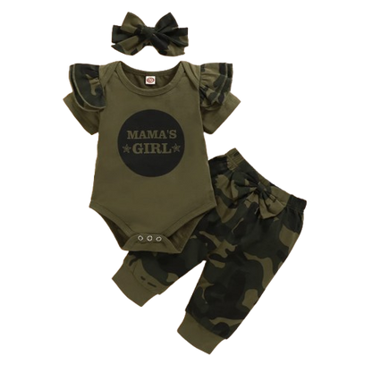 The Aubree - Solid Letter Romper + Camouflage Pants + Bowknot