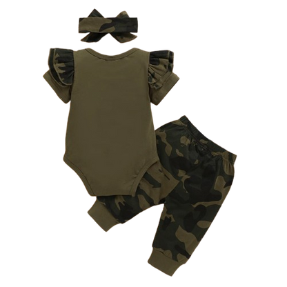 The Aubree - Solid Letter Romper + Camouflage Pants + Bowknot