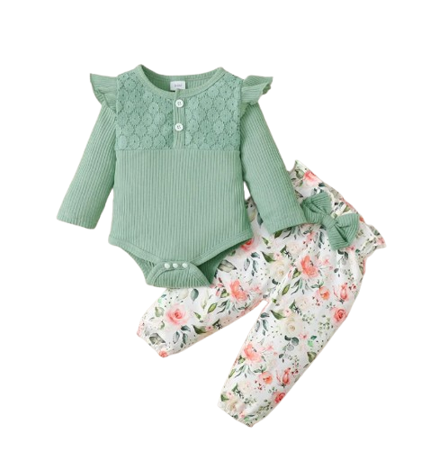 The Robbie - Baby Green Long Sleeve Top + Flower Pants + Headband