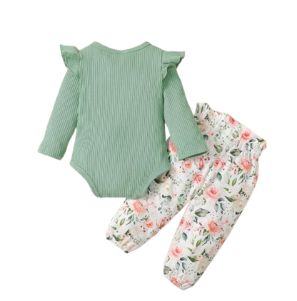 The Robbie - Baby Green Long Sleeve Top + Flower Pants + Headband