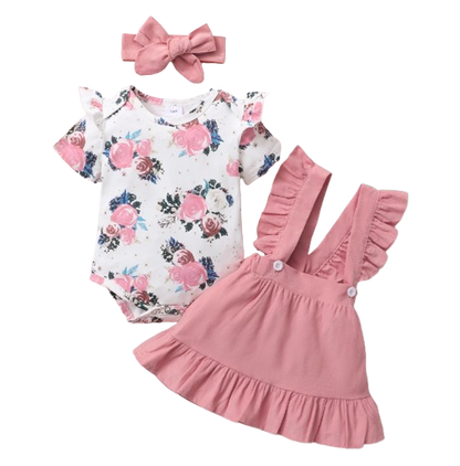 The Milan - Baby Pink Dress Short Sleeve + Floral Bodysuit + Suspender Skirt + Headband