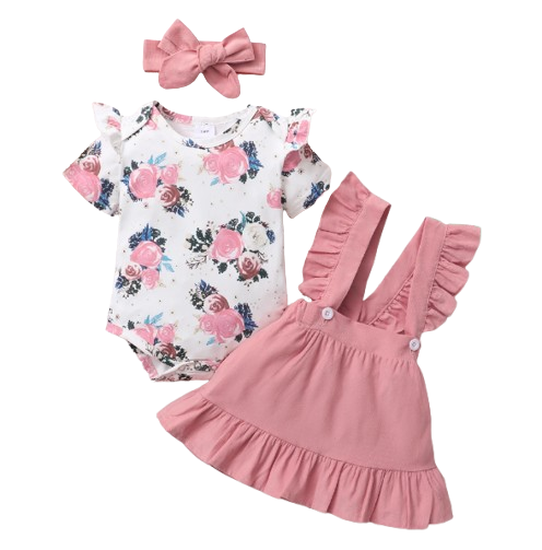 The Milan - Baby Pink Dress Short Sleeve + Floral Bodysuit + Suspender Skirt + Headband