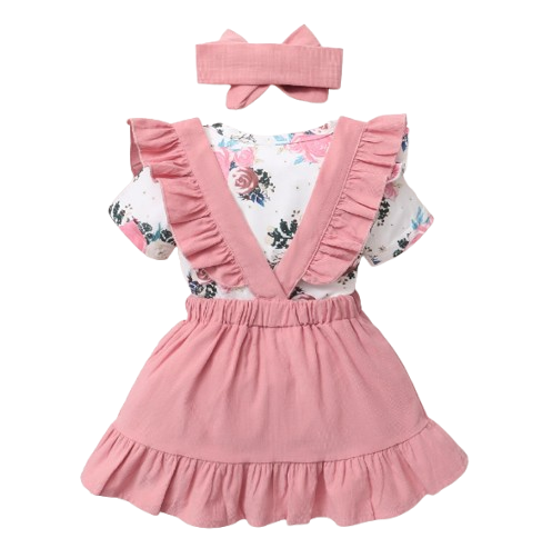 The Milan - Baby Pink Dress Short Sleeve + Floral Bodysuit + Suspender Skirt + Headband