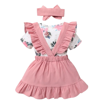 The Milan - Baby Pink Dress Short Sleeve + Floral Bodysuit + Suspender Skirt + Headband