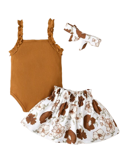 The Jaylin - Baby Brown Sleeveless Romper + Floral Skirt + Headband