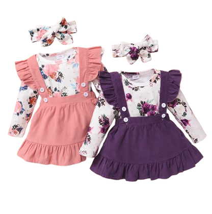 The Channing - Baby Pink/ Violet Floral Print Long Sleeve Top + Suspender Skirt + Headband